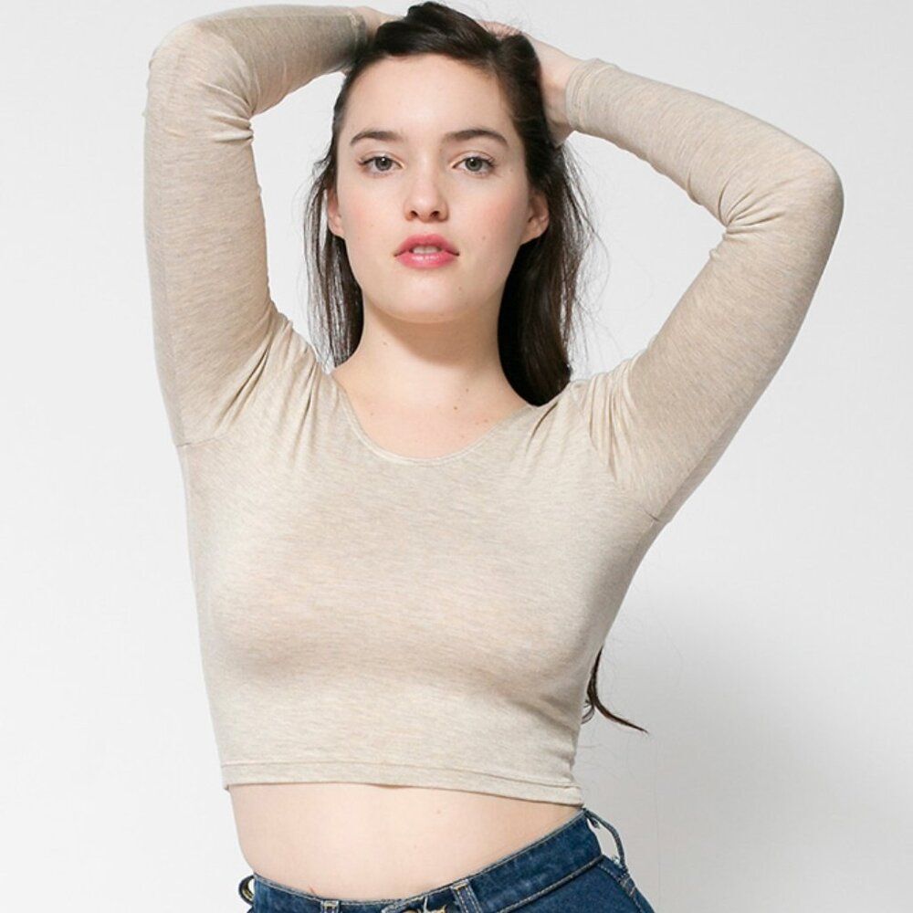 Vintage American Apparel S M Cropped Beige Tan Long Sleeve Top Original Y2k